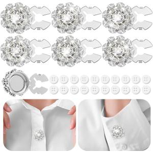 6 Sets Crystal Flower Button Covers Decorative Rhinestone Covers with 20 Pcs 11mm Sewing Buttons Detachable Shirt Clip on Jewelry Reusable for Crafts DIY Women Men Shirts Blouses Dresses, Silver