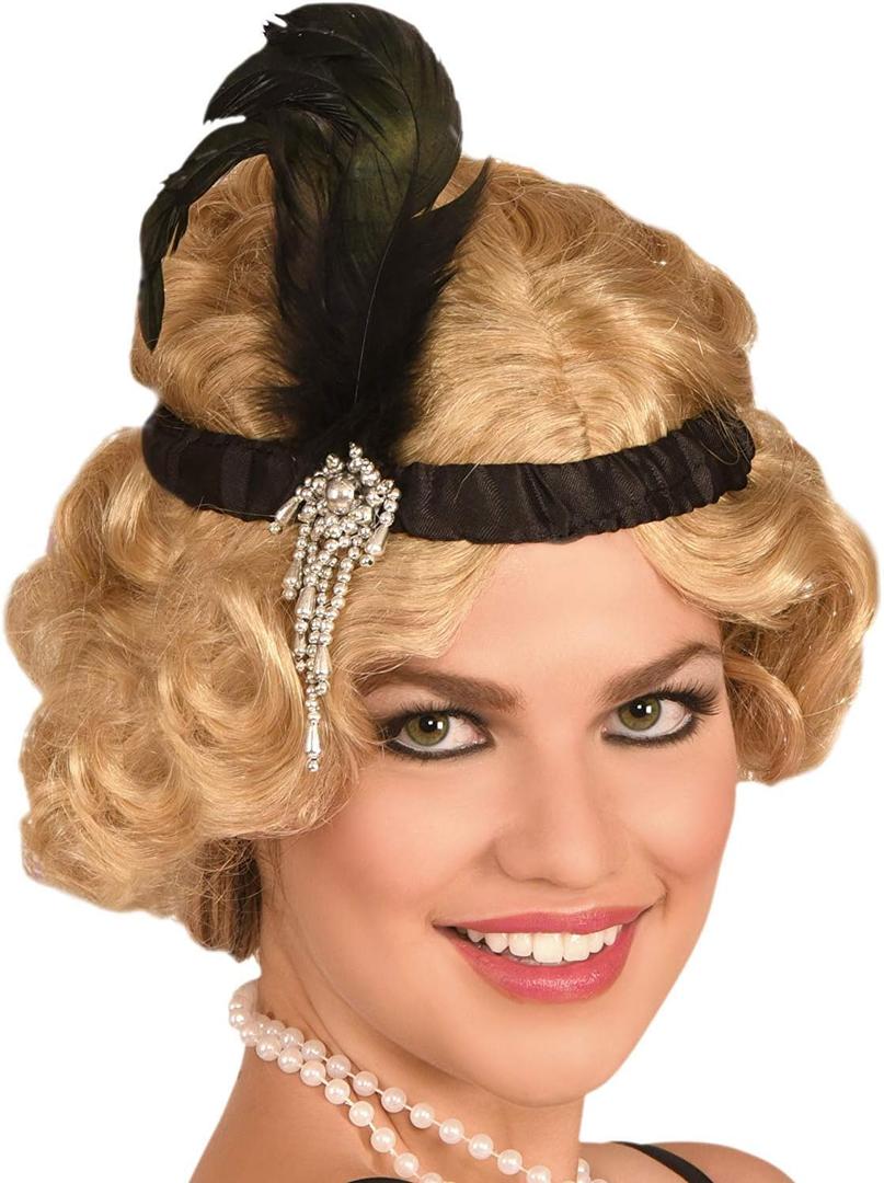 1920s Flapper Headpiece - Roaring 20s Feather Headband - Black