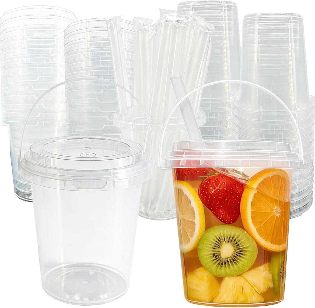 TTzycc 30 Sets 34 oz Drink Buckets with Lids and Straws, Reusable Clear Plastic Party Cups for Iced Coffee, Smoothies, Milkshakes, Sturdy & Durable Beverage Tubs for Lemonade, Pool and Beach Parties