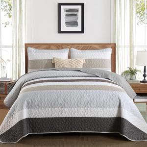Dinjoy Grey Boho Quilt Set Queen Size,Fall Gray Bedding Sets Striped Patchwork Brown Bedspread Lightweight Micofiber Farmhouse Coverlet Bed with 2 Pillowshams for Men Winter Autumn