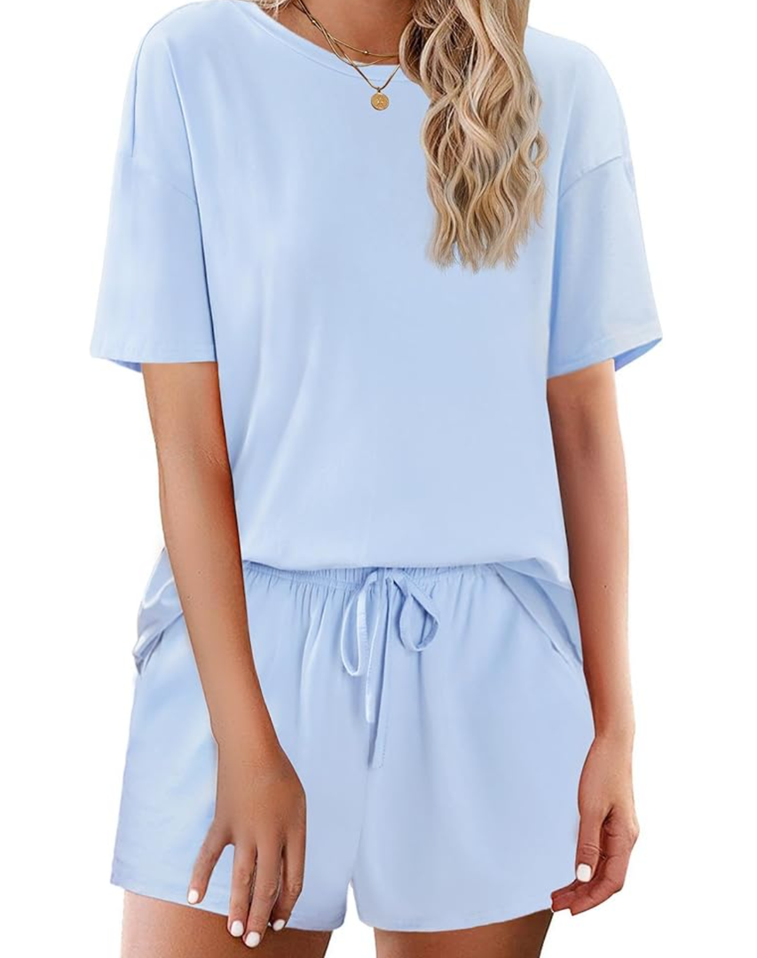 Cotton Pajamas Set for Womens Soft Short Sleeve Lounge Set Shorts Sleepwear Set 2 Piece Pjs Sets M