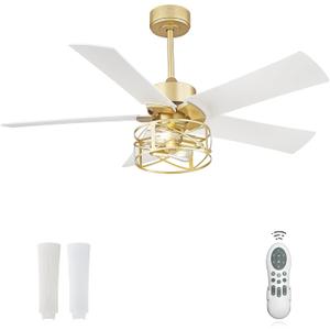 YOUKAIN Ceiling Fans With Lights, 48 Inch Gold Ceiling Fans with Lights and Remote, 5-Reversible, Gold Finish, outdoor ceiling fan for cover patio, 48-YJ632-GDW
