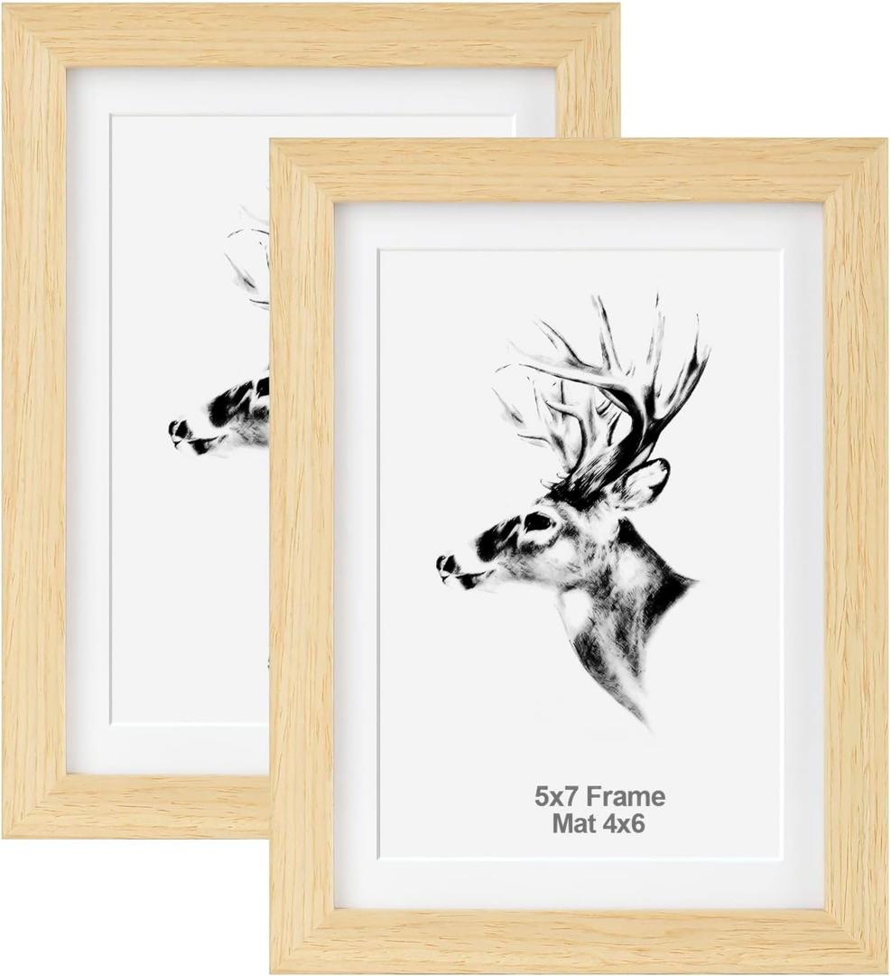 Yaetm 5x7 Oak Picture Frame with Mat for 4x6 Set of 2, Natural Solid Wood Photo Frames 5x7 with Tempered Glass, Display on Tabletop or Wall Mounting (2 Pack, Oak)