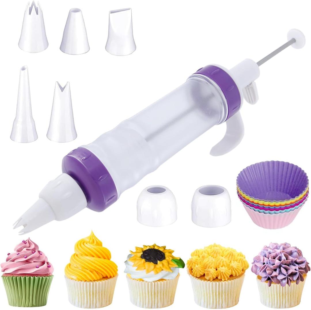 Dessert Decorating Syringe Set, Icing Piping Kit, Icing Dispenser Cupcake Filling Injector, Cake Decorating Kit with 5 Piping Tips Nozzles, Cupcake Decorating Kit