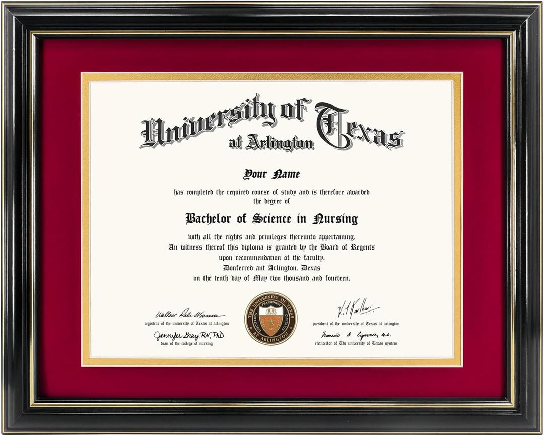 GraduationMall 8.5x11 Diploma Frame with Red over Gold Mat or Display 11x14 Certificate without Mat,Solid Wood & Tempered Glass,Glossy Black Finish with Gold Trim