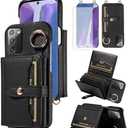 Furiet Wallet Case for Samsung Galaxy Note 20 5G & Tempered Glass Screen Shoulder Strap Ring Buckle Flip Organ Purse, Card Holder Stand Phone Cover for Note20 Notes 20s Twenty Not S20 Women Men Black