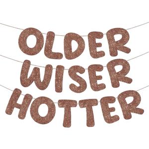 Fulmoon Set of 3 Pre Strung Older Wiser Hotter Glitter Banner Funny Birthday Banner for Women 30th 40th 50th 60th 70th 80th Birthday Party Decorations Sign Gift (Brown)