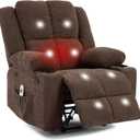 Manual Recliner Chair with Heating & Massage,Ergonomic Overstuffed Breathable Fabric Reclining Chair with Side Pockets,Q235 Steel Frame Lazy Boy Recliner Single Sofa for Living Room Bedroom (Brown)