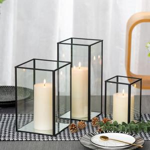 yshengood Large Glass Hurricane Candle Holder Set of 3 PCS, Black Frame and Glass Hurricane Candleholders