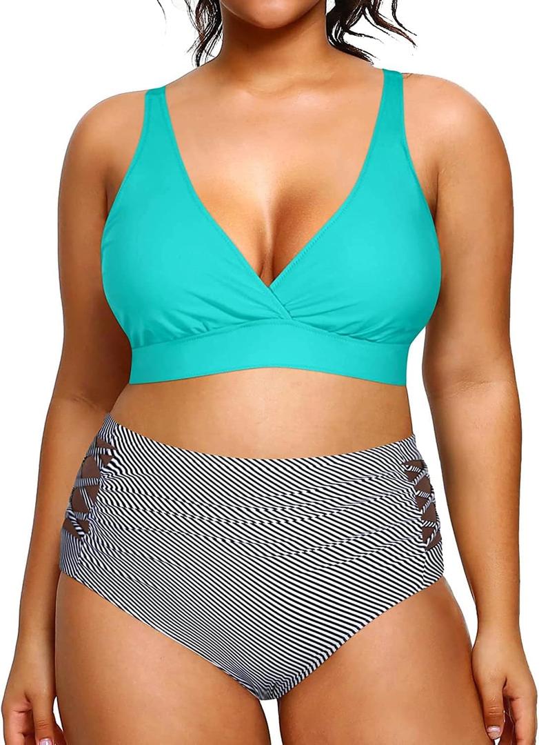 Yonique Womens Plus Size Bikini High Waisted Swimsuits Two Piece Bathing Suits Tummy Control Swimwear (22 Plus, Green and Stripes)