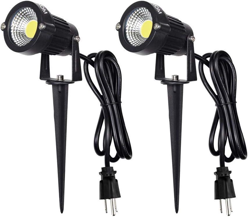 LED Landscape Spotlight Outdoor,IP65 Waterproof Garden Spotlights,5W AC 120V Yard Flood Light,Metal Ground Stake Lawn Lights,6500K LED Spotlight with 1.5M UL-Listed Cord and 3-Plug (2 Packs)