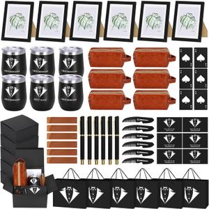 60PcsGroomsmen Proposal Gift of 6 Sets with 12OZ Wine Tumbler PU Leather Toiletry Bag Photo Frame Bottle Opener Pens with Exquisite Package for Wedding Groomsman Best Man Gift