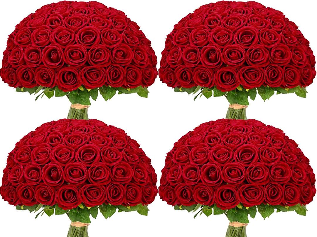 Waipfaru 100 Pcs Red Roses Artificial Flowers Bulk, Real Touch Velvet Roses with Wrapping Paper, Fake Flowers for Wedding Centerpieces Bridal Bouquet Valentines Mothers Day Decor