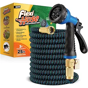 Flexi Hose Expandable Garden Hose with 8 Function Nozzle, 25FT  Lightweight Retractable Garden Hose, Water Hose  NoKink Flexibility, 3/4 Inch Solid Brass Fittings and Double Latex Core