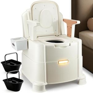 Bedside Commode, Upgraded Commode Toilet Potty Chair with 3 Rolls of Commode Liners, Automatic LED Light, Detachable Armrests, 2-Level Height, Heavy Duty 880lbs Loading