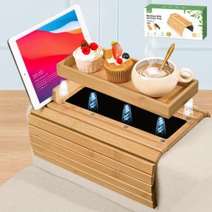 Joy&Grace Couch Arm Tray, 3-in-1 Magnetic Detachable Sofa Arm Table with Phone and Tablet Holder Bamboo Couch Cup Holder, Foldable Sofa Armrest Tray for Eating, Drinks, Phones (Natural)