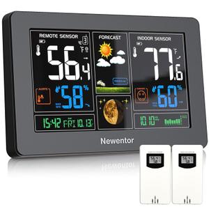 Newentor Weather Station Wireless Indoor Outdoor Thermometer, Color Display Digital Weather Thermometer with Atomic Clock, Barometric Pressure, Forecast Station with Adjustable Backlight,Black,2Sensor