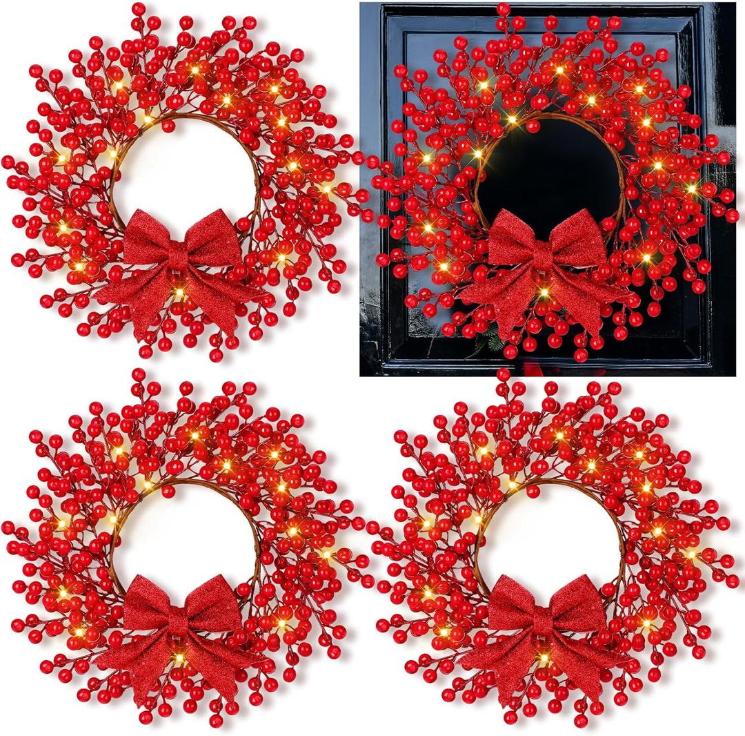 Dingion 4 Pack Christmas Mini Wreath for Cabinets 13 Inch Pre-lit Artificial Red Berry Wreath Bulk with LED Lights and Bow Xmas Winter Holiday Decor for Kitchen Front Door Wall Window Home