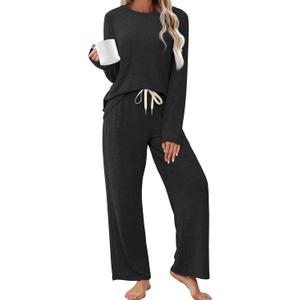 SAMPEEL Pajamas for Women Set Comfy Lounge Sets Two Piece Long Sleeve Cute Pjs Soft Sleepwear Winter Clothing (X-Large, Black)