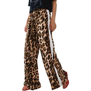 Women's Casual Pants Drawstring Leopard Print Color Block Side Striped Straight Leg Wide Leg Loose Pants (Large, 2-yellow White)