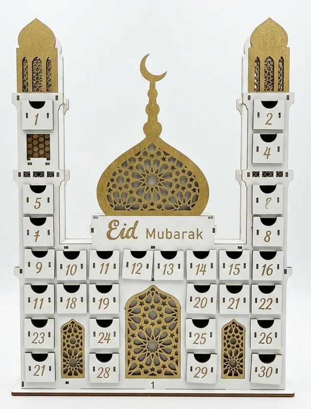 Ramadan Wooden Countdown Calendar Eid Mubarak Decorations Mosque Advent Calendar with Drawers Eid Mubarak Countdown Til Eid Gift Ramadan Wooden Craftwork for Kids Ramadan Party Decorations