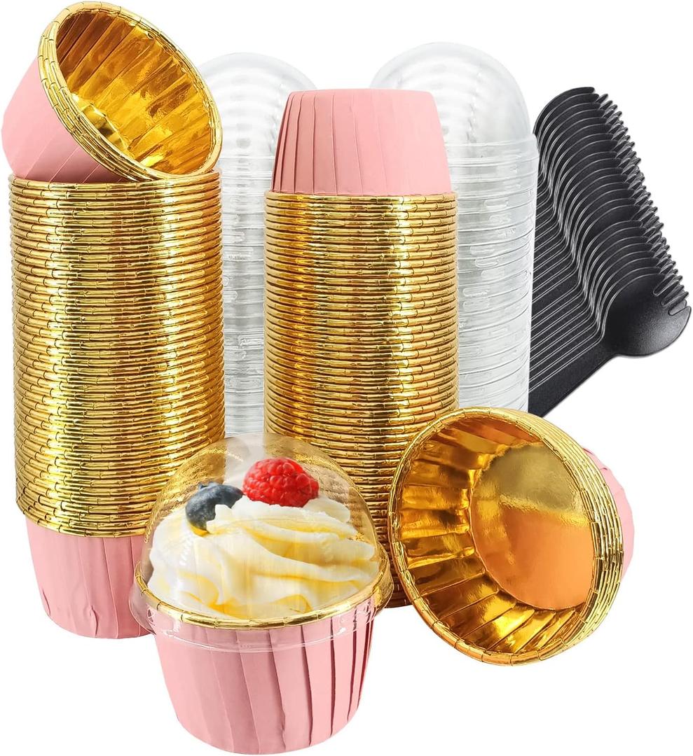 Cupcake Liners for Baking 100Pack,Free-Air 3.5Oz Foil Baking Cups with Dome Lids,Disposable Muffin Tins Muffin Cups for Wedding Birthday Party, with Spoons-Pink in Gold