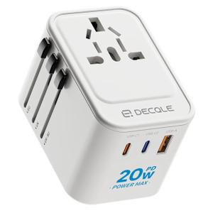 Universal Travel Adapter, International Travel Plug Adapter with 2 USB-C(PD 20W) ＆ 1 USB-A Ports, All in One Portable Adaptor, for USA, UK, EU, AU ＆ 224+ Countries (White) US