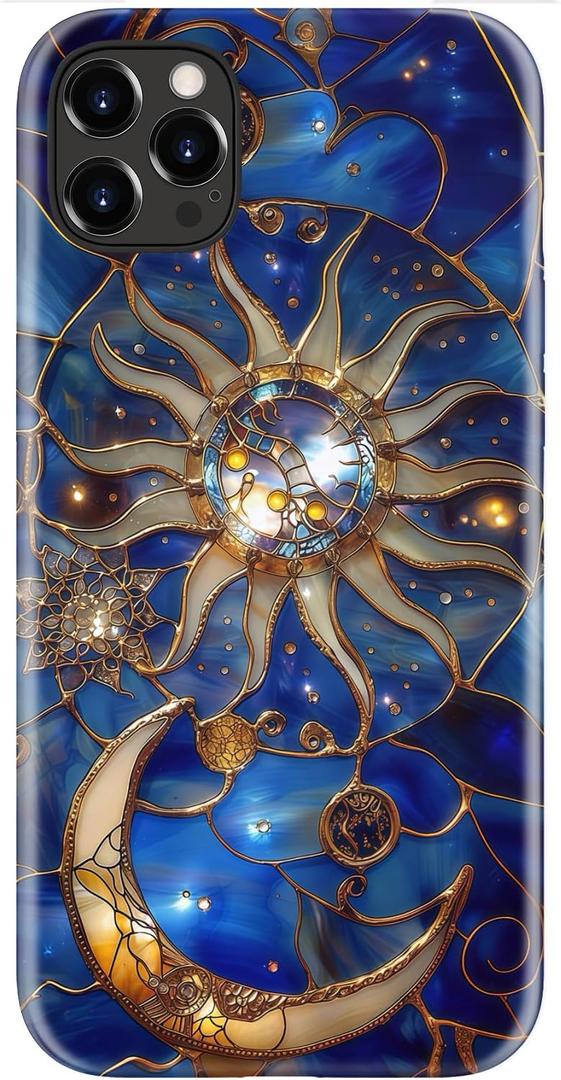 LUMARKE for iPhone 12 Pro Max Case Cute, Aesthetic Stained Glass Moon and Sun Royal Blue, Compatible with Magsafe, Trendy Fancy Cool Retro Western Protective Slim Silicone Phone Cover for Women Girls (Astral Mystique)