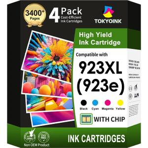 TOKYOINK 923 923e 923XL Ink Cartridges Combo Pack with Chip Replacement for HP 923 923e Ink Cartridges for HP Printer OfficeJet Pro 8130e 8135e 8139e 8125e 8138e 8122e 8120 8124e 8130(4 Pack B/C/M/Y)