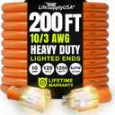 200ft Outdoor/Indoor Extension Cord 10/3 Gauge Ultra Heavy Duty 3 Prong SJTW, Waterproof, Flexible Cold-Resistant Long Power Cord,10A 125V 1250W, Orange by LifeSupplyUSA