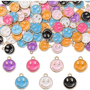 DanLingJewelry 100pcs Random Colors Enamel Happy Face Charms Cute Enamel Dangle Charms with Loop for DIY Necklace Bracelet Making