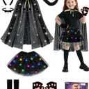 Black Cat Costume for Girls, Halloween Cat Costume Set with Light Up Tutu Skirt, Ears Headband Tail Gloves for Kids