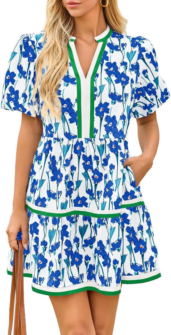 Cicy Bell Womens V Neck Floral Mini Dress Short Puff Sleeve Patchwork Summer Casual Boho Dresses (White, XL)