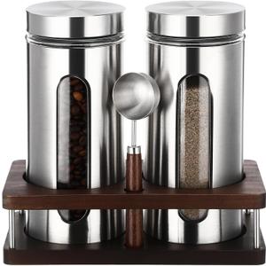 Suclain Stainless Steel Coffee Grounds Canisters with Shelf 2 x 50oz Sugar Coffee Bean Storage Container with Airtight Threaded Lid Glass Window Scoop Kitchen Jar Set for Bar Creamer Nut Tea