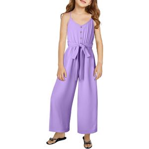 blibean Girls Sleeveless Jumpsuits Belted Wide Leg Romper with Pockets Size 6-7 Years (Purple)