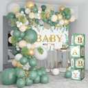 125PCS Sage Green Baby Shower Decorations - Retro Green and Gold Balloons Different Sizes, Green Baby Backdrop and Sage Green Baby Boxes for Gender Reveal, Birthday, Woodland Jungle Party