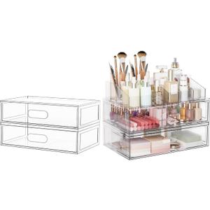 Clear Stackable Makeup Organizer with Drawer, 12''W Acrylic Storage Drawers, Cosmetic Display Case for Vanity Bathroom Countertop, Beauty Holder for Lipstick Brush Skincare Perfume