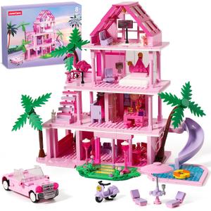 Girls House Building Sets Compatible with Lego Friends for Girls Age 8-12, 4-Story Pink Villa Building Blocks Toys with Pull-Out Floors, Great Birthday Gift for Girls 8-14