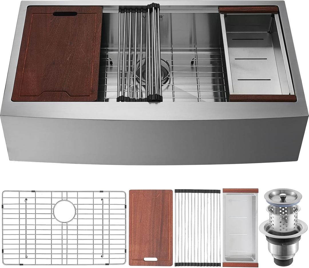 VEVOR 33 inch Farmhouse Kitchen Sink, 304 Stainless Steel Sink, Top Mount Single Bowl Kitchen Sinks with Ledge & Accessories, Household Dishwasher Sinks for Farm, Prep Kitchen, Garage and Bar Sink