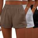 Ficerd 3 Pack Women's Sweat Shorts, Elastic High Waist Shorts Casual Summer Lounge Cotton Comfy Athletic Shorts with Pockets(Black, Light Gray, Brown, Large)