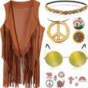 60s 70s Outfits for Women Hippie Costume Clothes Set 70s Costume Tops Women Fringe Hippie Vest for Halloween