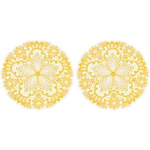 uxcell 2Pcs Retro Lace Placemats, 10.6x10.6inch Round French Crochet Doilies Central Hollow Flower Vase Mat Coaster for Dining Table Home Decoration, Yellow