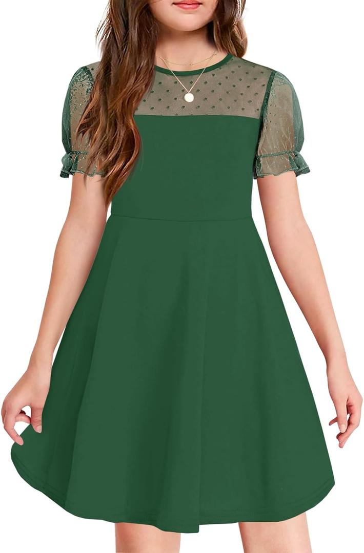 Haloumoning Girls Contrast Mesh Puff Short Sleeve Dress Kids High Waist A Line Casual Dresses with Pockets (Dark Green, 7-8 Years)