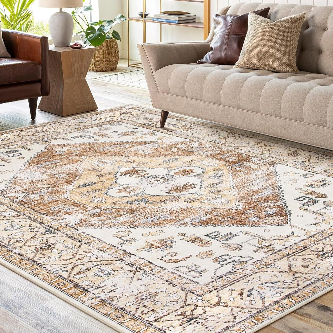 Lahome Washable Living Room Area Rugs 8x10 - Boho Ultra-Thin Non-Slip Bedroom Rug 8x10 Under Bed, Farmhouse Neutral Print Floor Carpet for Dining Room Office Adelyn (Taupe,8'x10')