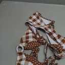MakeMeChic Women's Double Layered Plaid Polka Dots Bikini Sets Halter Triangle Thong Swimsuit Bathing Suit Brown Small