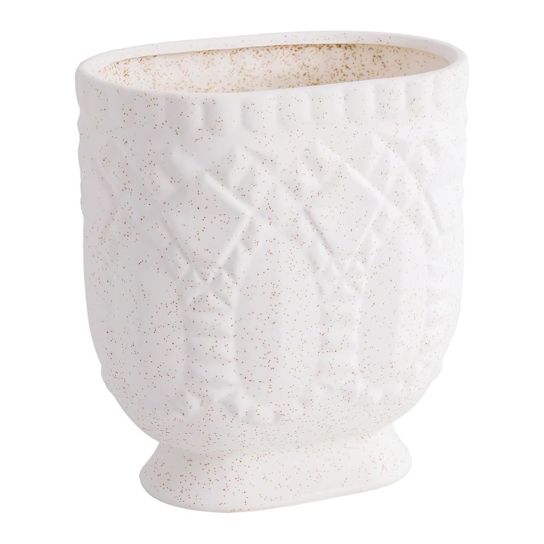 Bathroom Trash Can, Ceramic Wastebasket Garbage Container for Bathroom, Bedroom, Dorm, College, Office, Beige-White Decorative Compact Trash Can