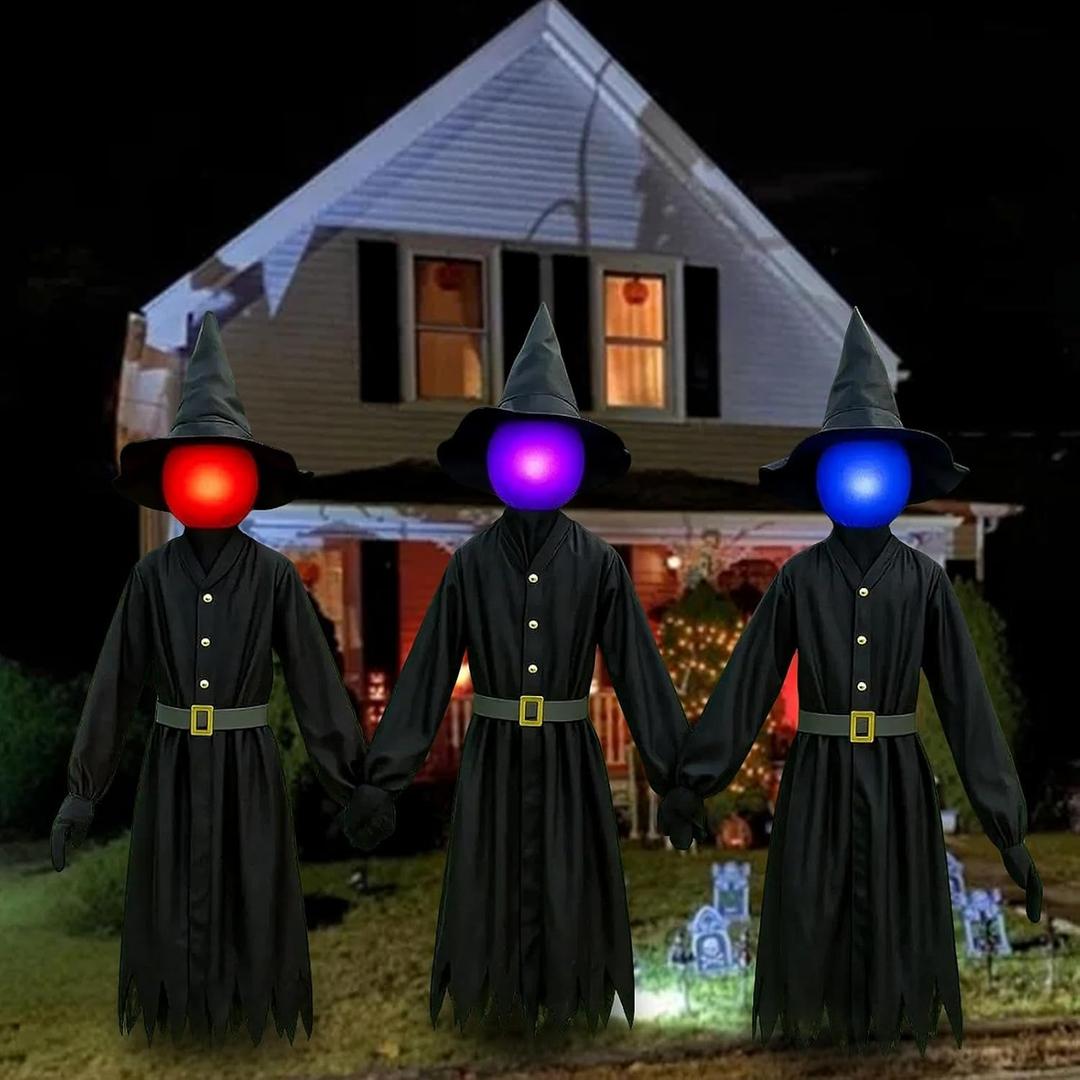 Halloween Decorations Outdoor 5 FT Set of 3 Light Up Witches Holding Hands Witches with Stakes,Scary Screaming Variable Glowing Face Witches for Spooky Garden Statue Decoration Lawn Patio Decor (BK)