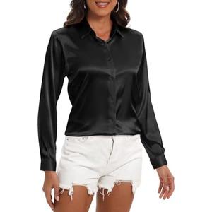 COUXILY Womens Satin Button Down Shirt Business Casual Long Sleeve Silk Blouse Collared Curved Hem Slim Fit Office Work Tops S