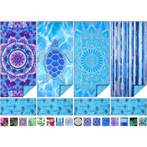 TwoYek 4 Pack Microfiber Thin Beach Towel Lightweight 71x32 Extra Large Sand Free Soft Towels Quick Dry for Travel Pool Yoga Gym Sports Beach Accessories Vacation Essential Gift (4 Pcs Mandala Turtle Strip)