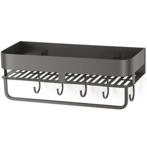 CIBOTIES Extended version Adhesive Shower Caddy, 15.7 inch Stainless Steel Shower Shelves for Inside Shower with Hooks & Towel Bar-No Drilling(Gun Gray)